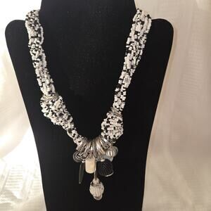 Chicos Black White Beaded Statement Necklace Small beads Costume 20" Indian